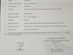 AW melaporkan pengusaha JM Ke Polres Soppeng