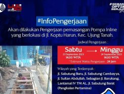 PDAM Makassar Bakal Lakukan Pengerjaan Pemasangan Pompa Inline, Pelanggan di Kecamatan Ujung Tanah Diimbau Tampung Air