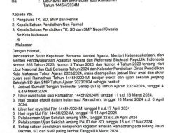 Jelang Ramadhan, Disdik Makassar Keluarkan Surat Edaran Libur Sekolah